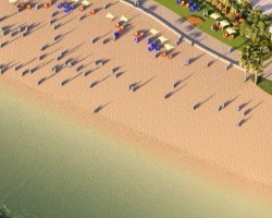 digital rendering of the yacht club beach from above, showing people, umbrellas and water from a high distance.